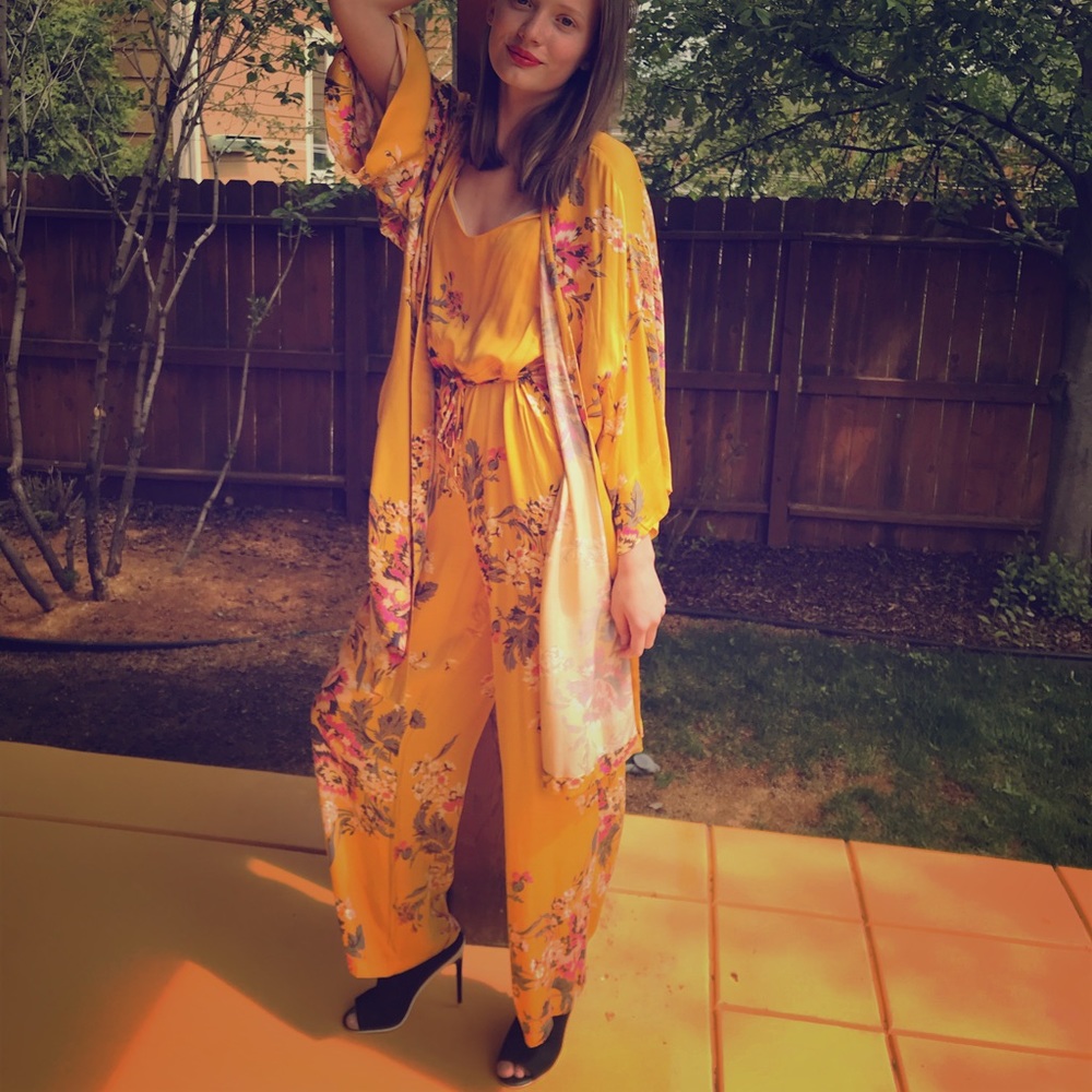Yellow floral jump suit and throw over set